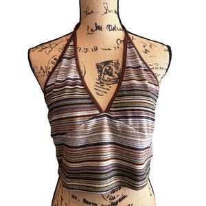 Romwe Womens Y2k Casual Striped Festival Summer Crop Halter Tank Top Size XL